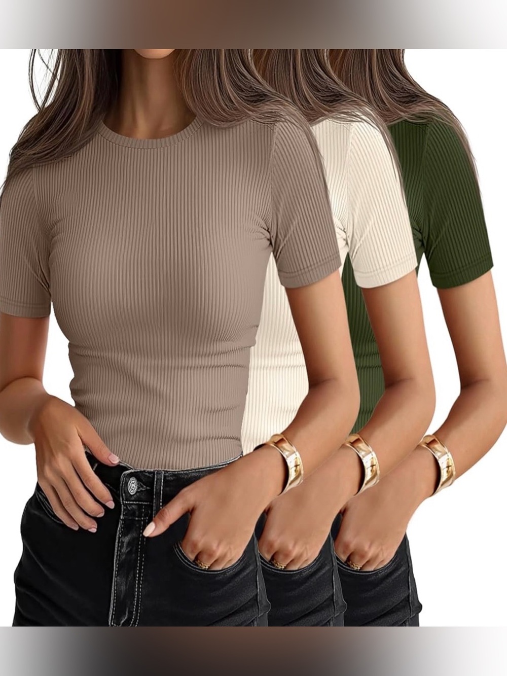 Ribbed Short-Sleeve Crewneck Tee — Taupe, Cream & Olive